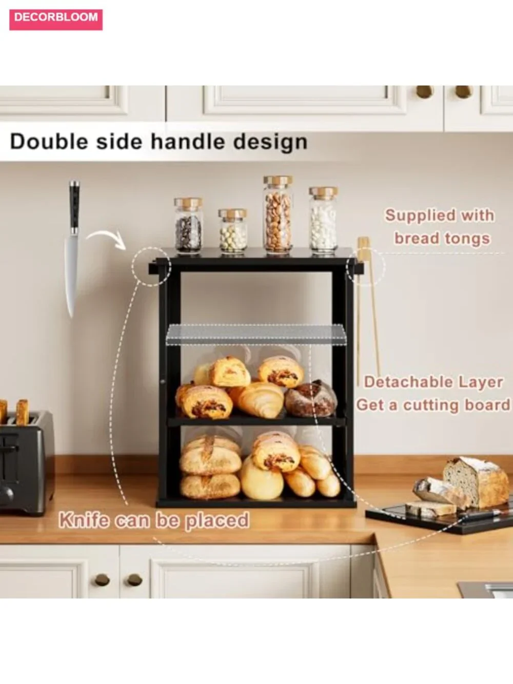3-Tier Bamboo Bread Box with Transparent Door, Airtight Kitchen Counter Storage